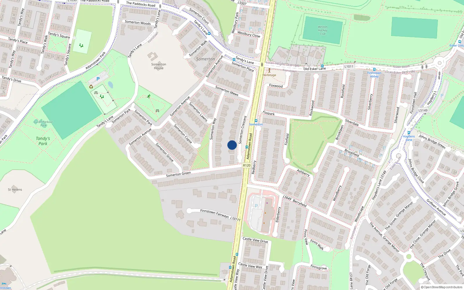Overhead map showing the location of 13 Somerton Crescent, Lucan
