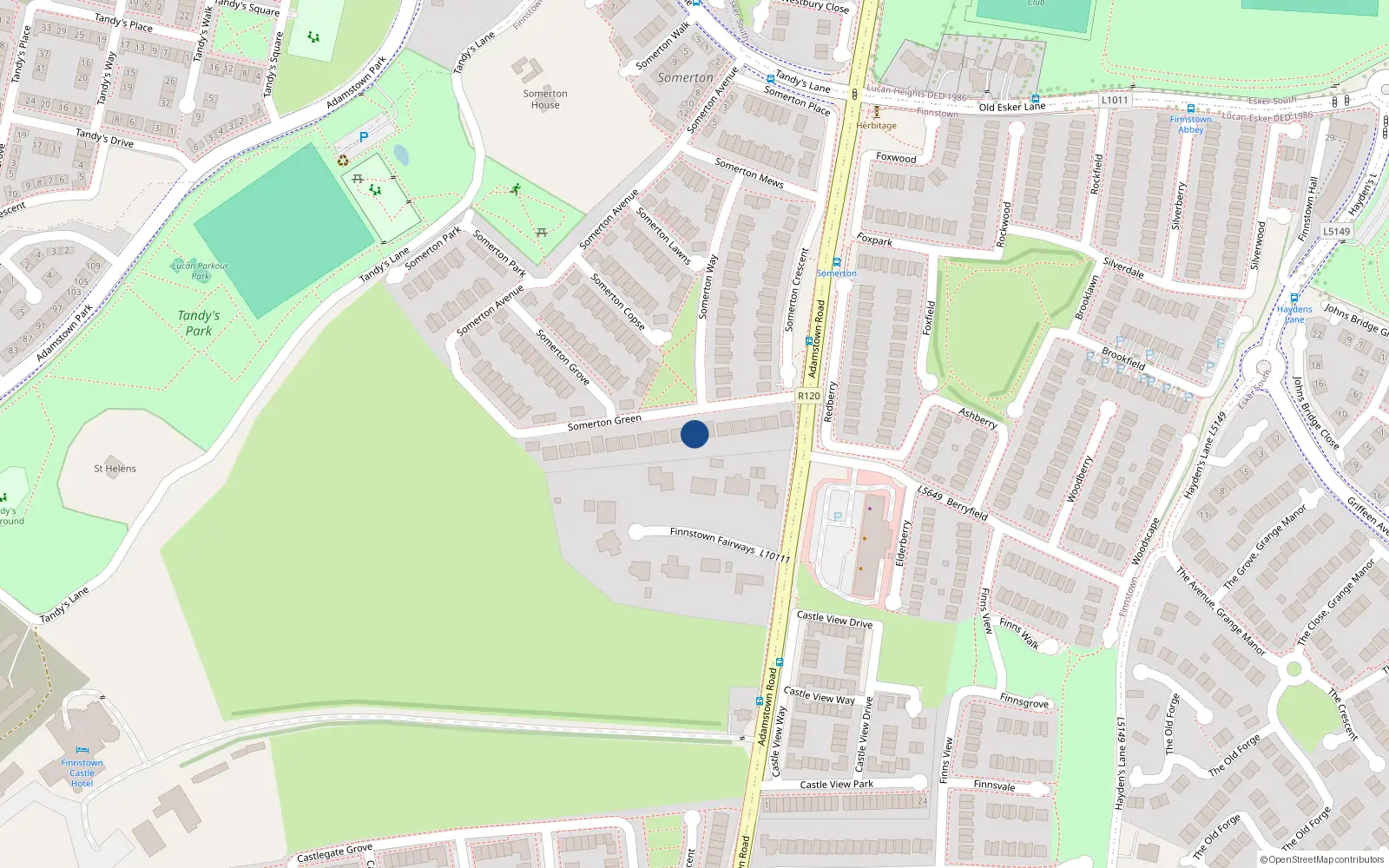 Overhead map showing the location of 13 Somerton Green, Finnstown