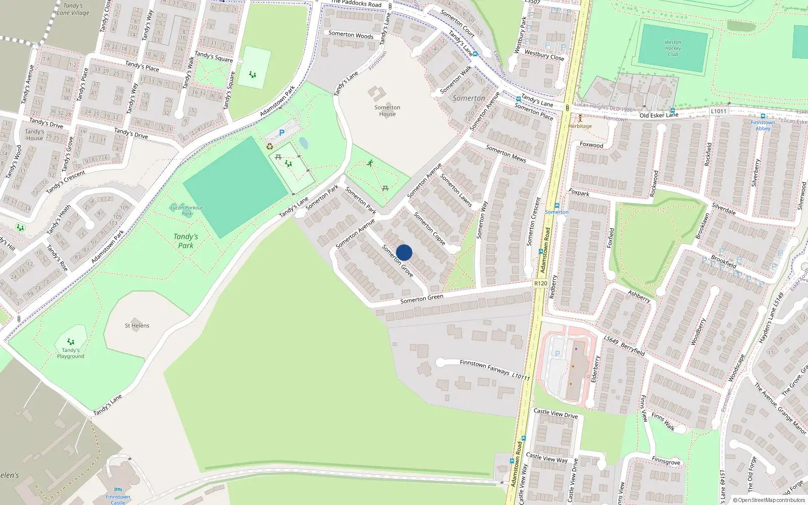 Overhead map showing the location of 13 Somerton Grove, Lucan