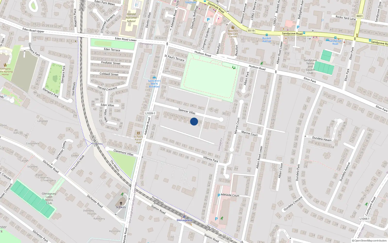 Overhead map showing the location of 13 Spencer Villas, Glenageary, Dublin