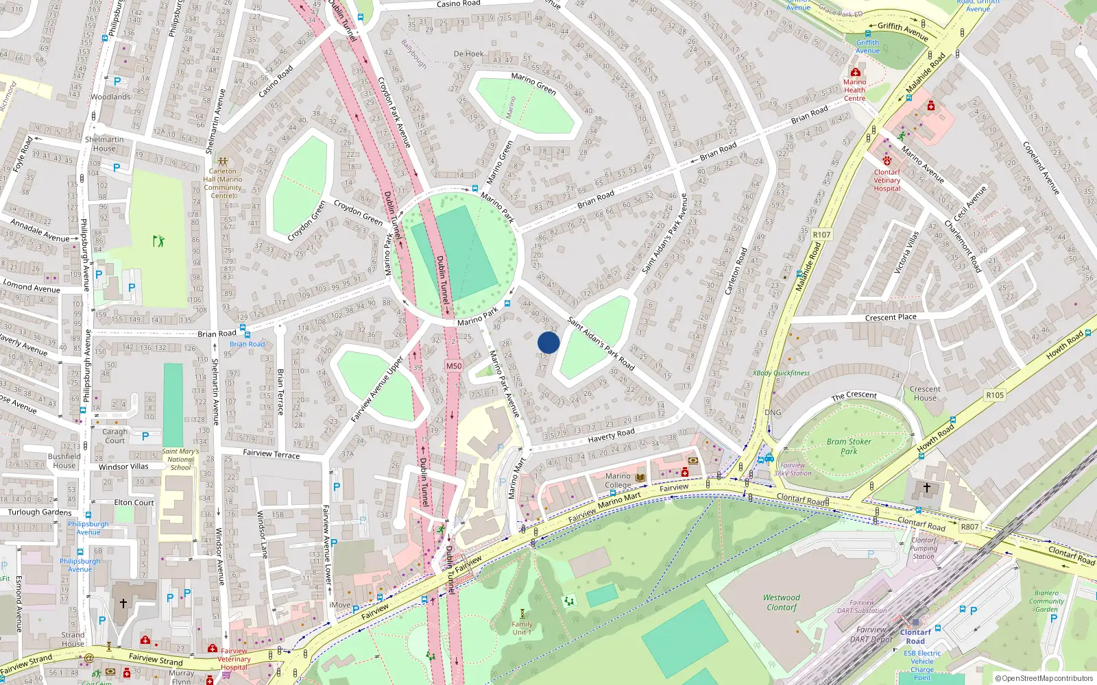 Overhead map showing the location of 13 St. Aidans Park, Marino, Dublin 3