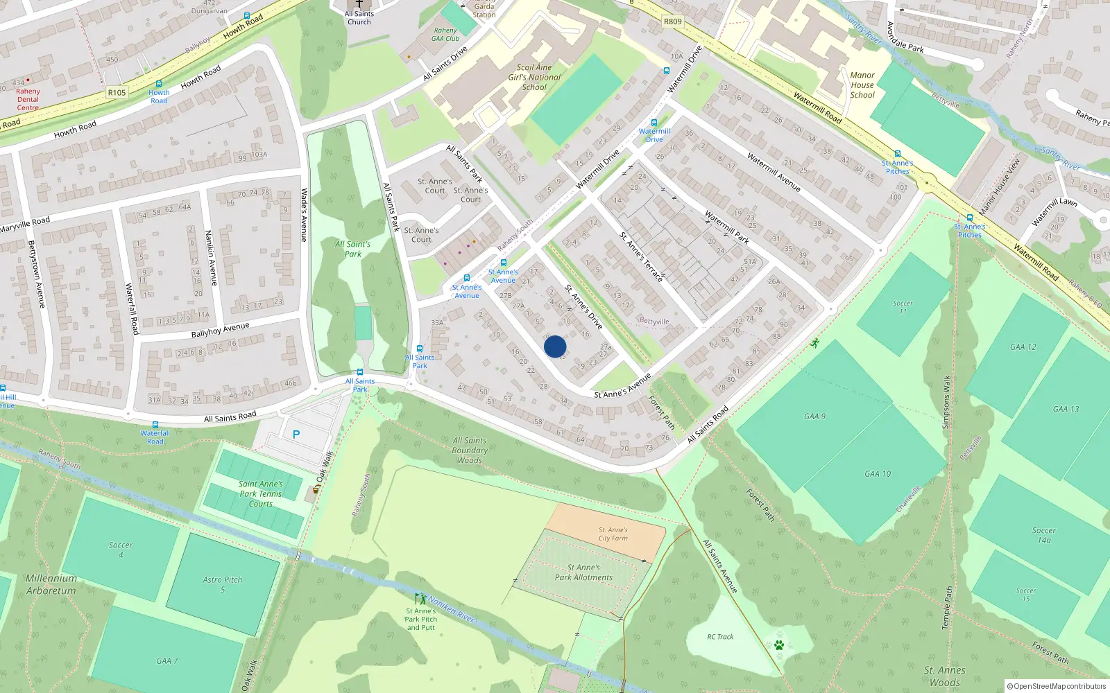 Overhead map showing the location of 13 St Annes Avenue, St Annes Estate, Raheny