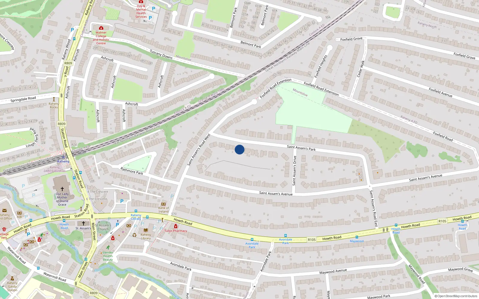 Overhead map showing the location of 13 St Assams Park, Raheny, Dublin 5