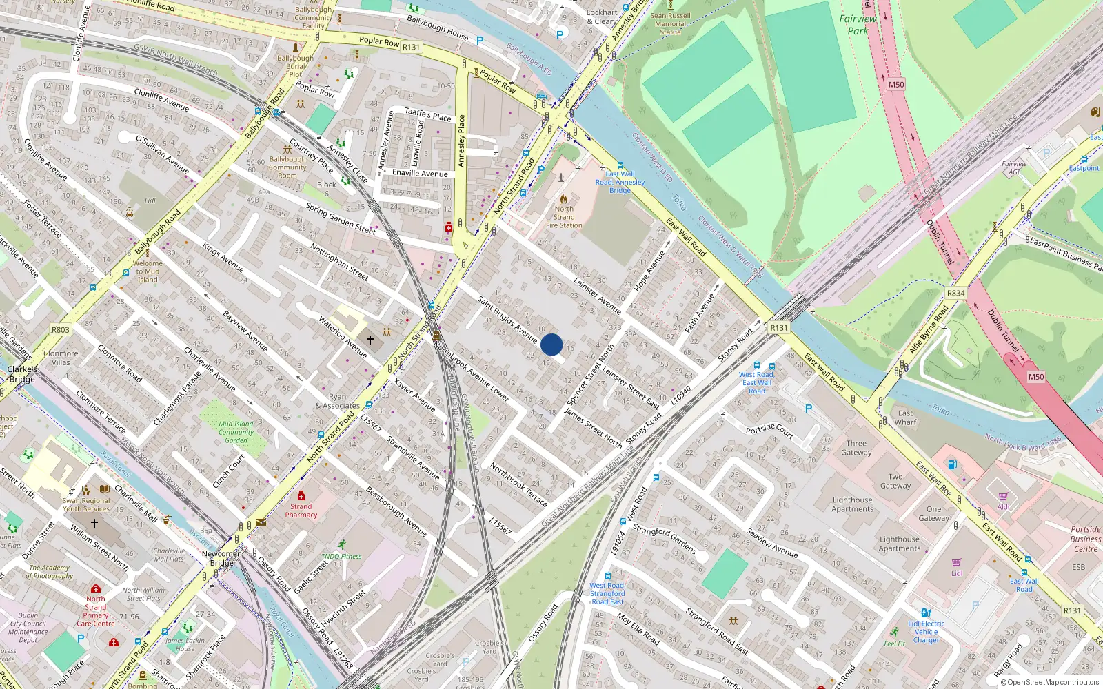 Overhead map showing the location of 13 St Brigids Avenue, North Strand, Dublin 3