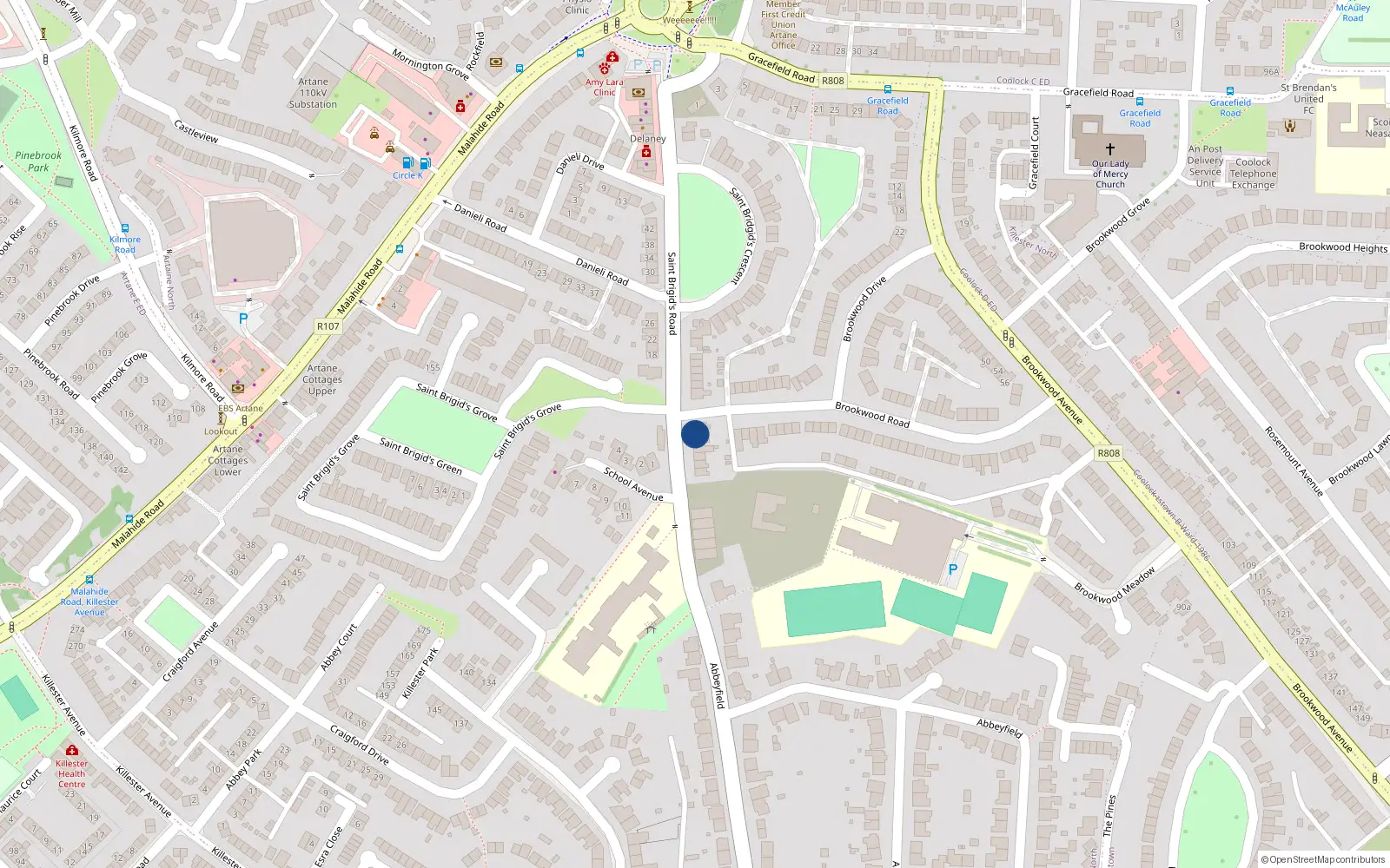 Overhead map showing the location of 13 St Brigids Road, Killester, Dublin 5