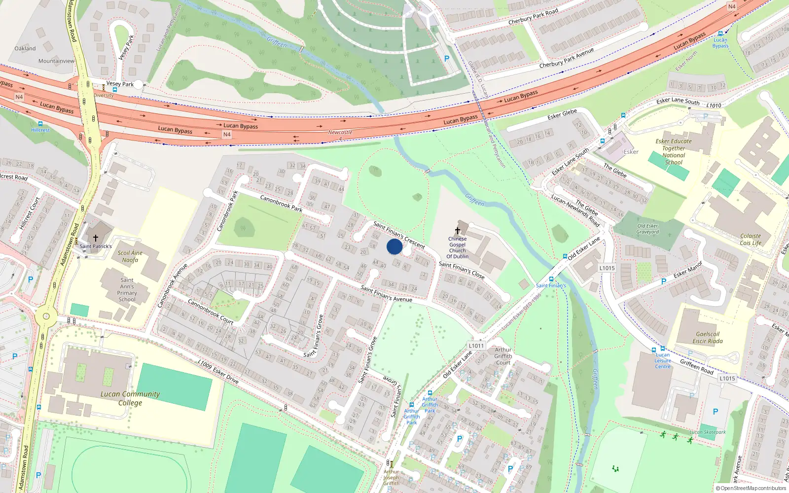 Overhead map showing the location of 13 St Finians Crescent, Lucan, Co.dublin