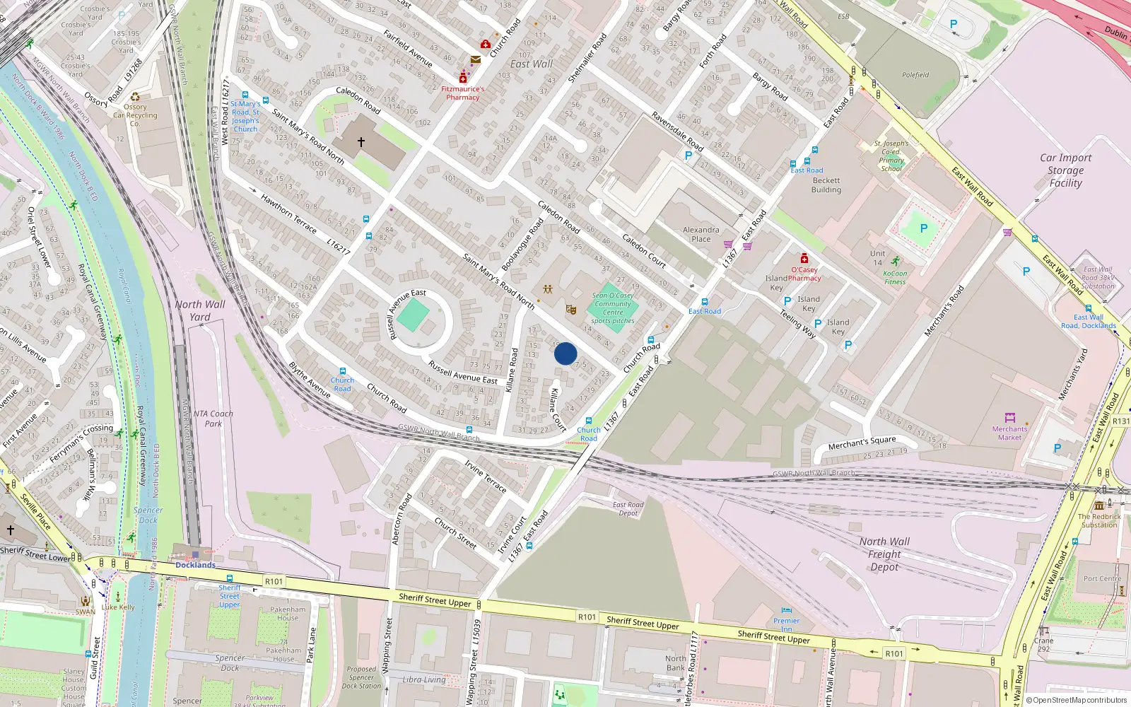Overhead map showing the location of 13 St Marys Road, East Wall, Dublin 3