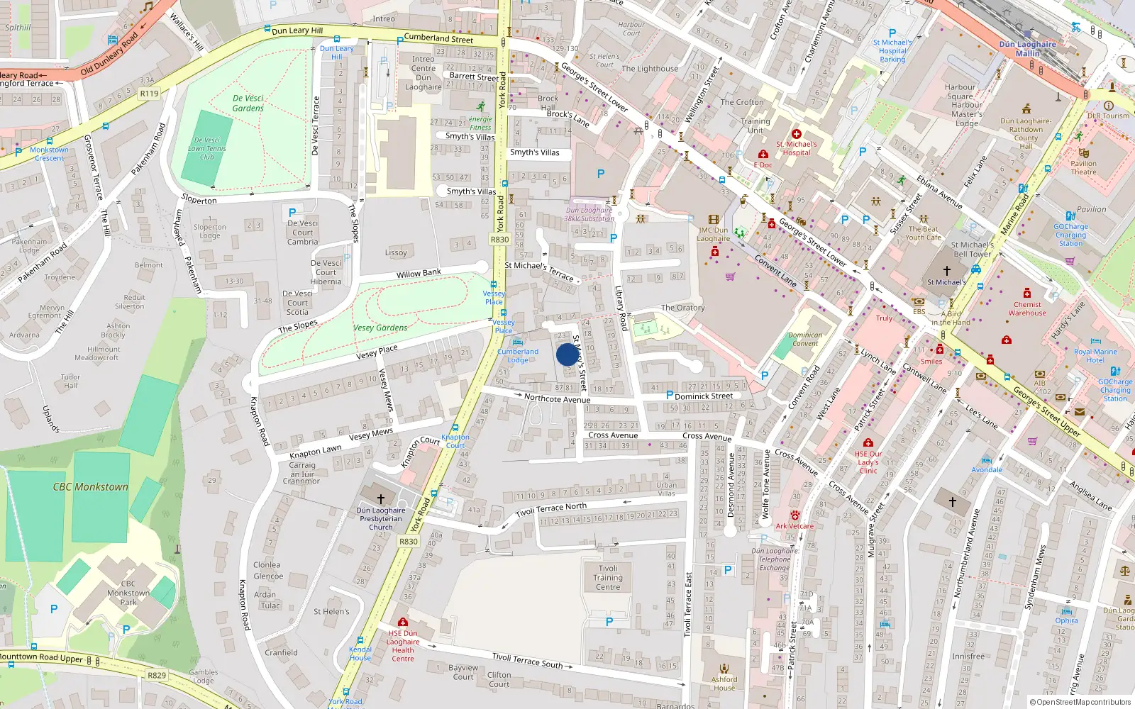Overhead map showing the location of 13 St Marys St, Dun Laoghaire, Dublin