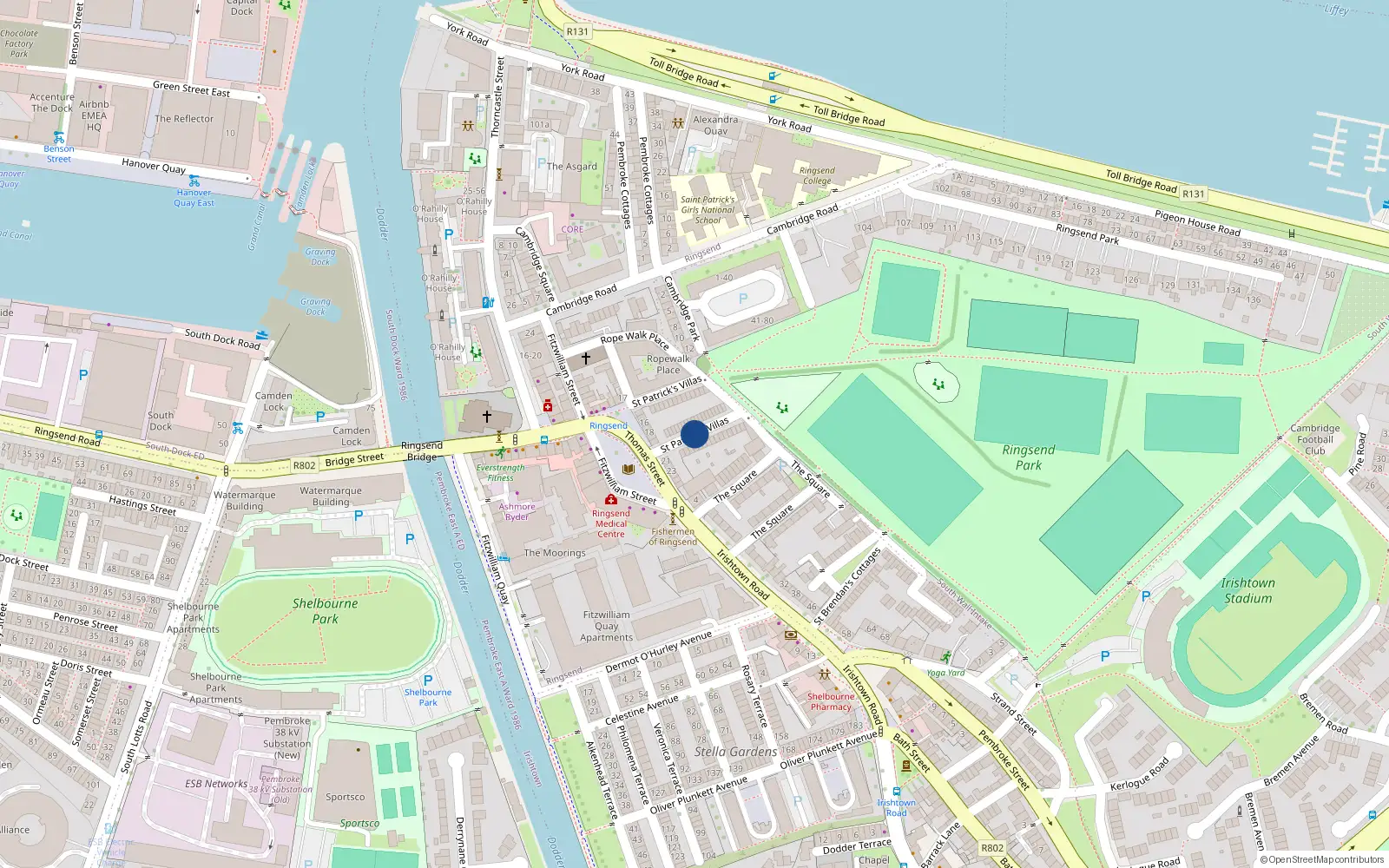 Overhead map showing the location of 13 St Patrick's Villas, Ringsend