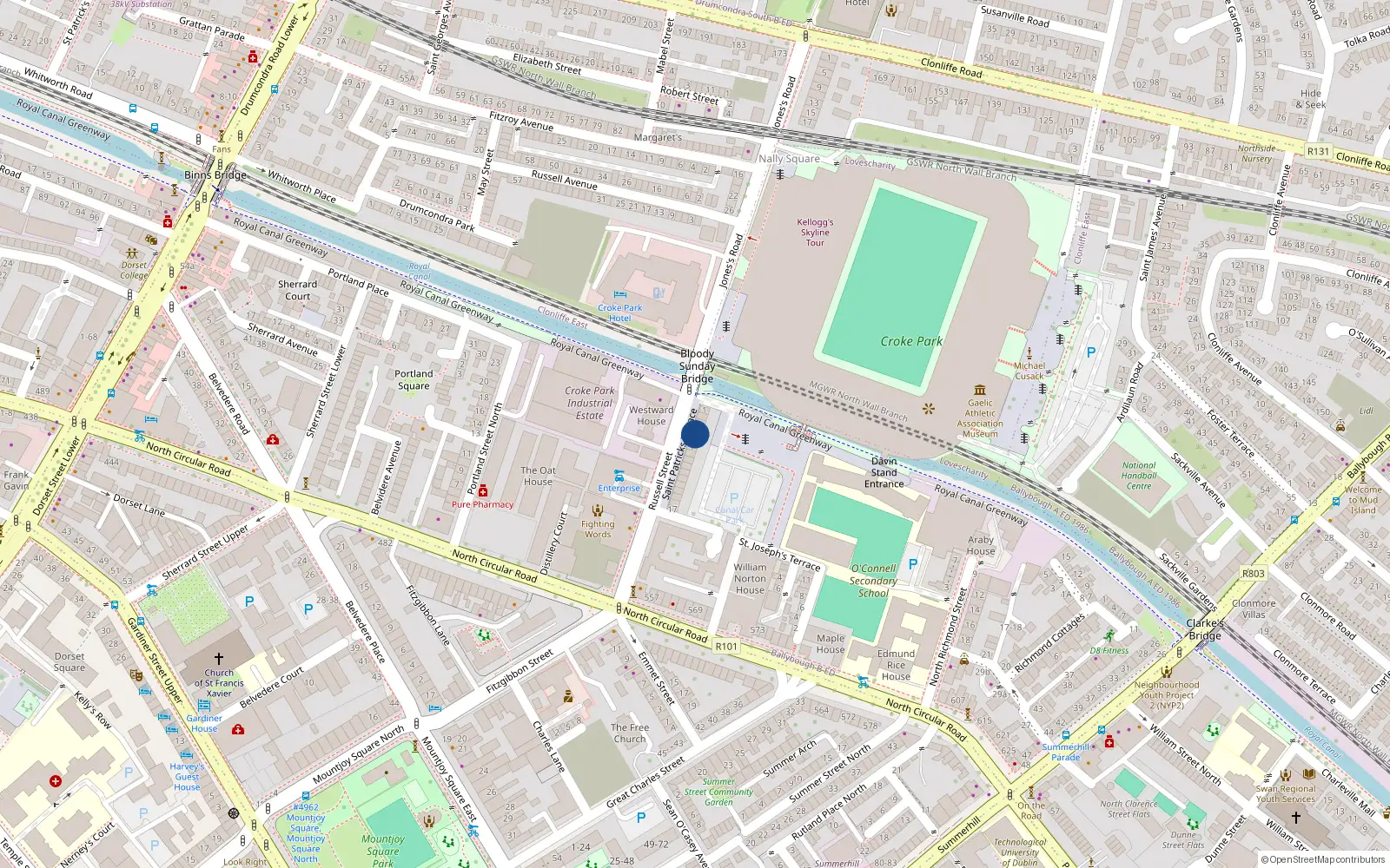 Overhead map showing the location of 13 St Patricks Terrace, Russell St, Dublin 1