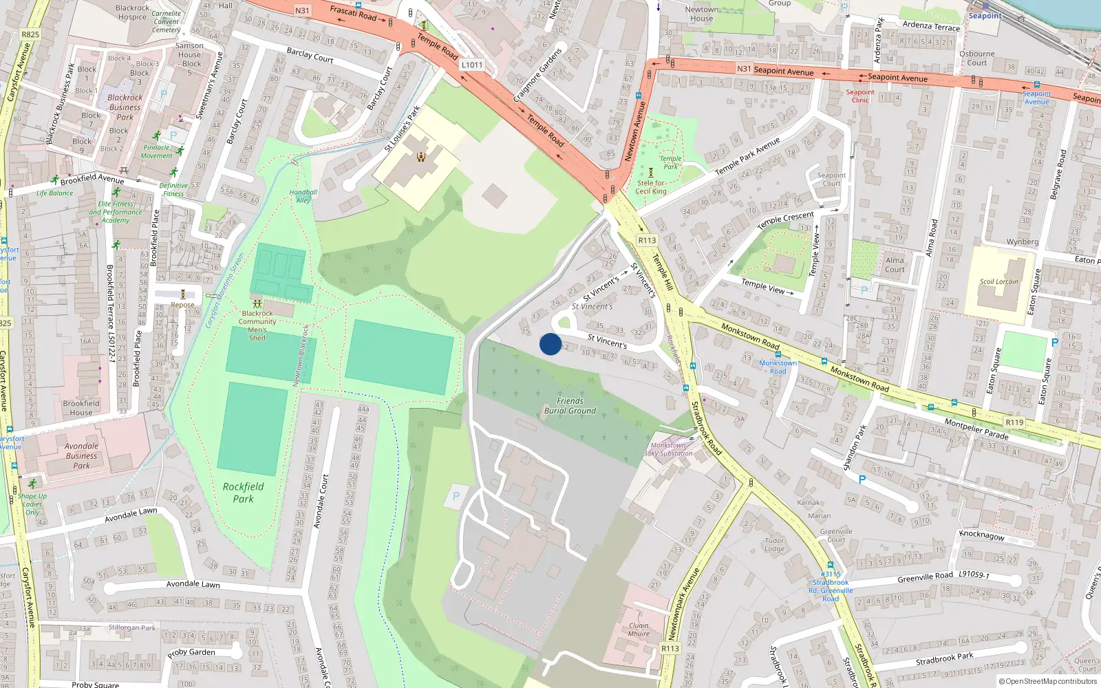 Overhead map showing the location of 13 St Vincents Park, Temple Hill, Blackrock