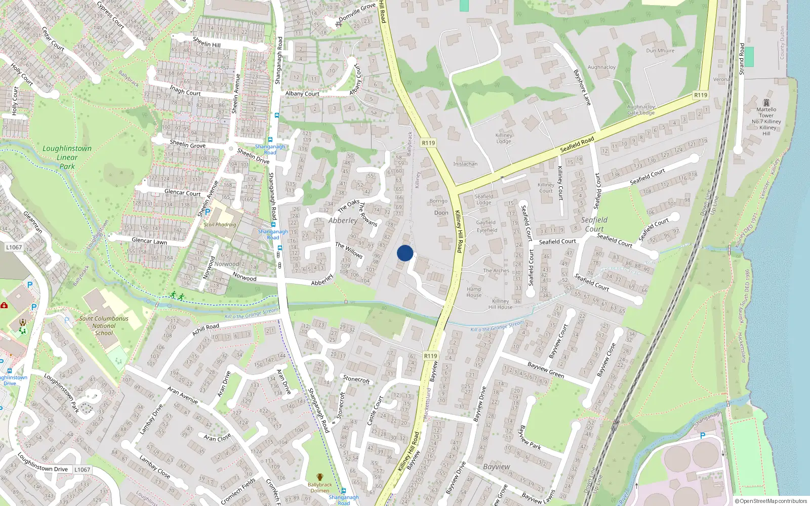 Overhead map showing the location of 13 Streamville Court, Killiney
