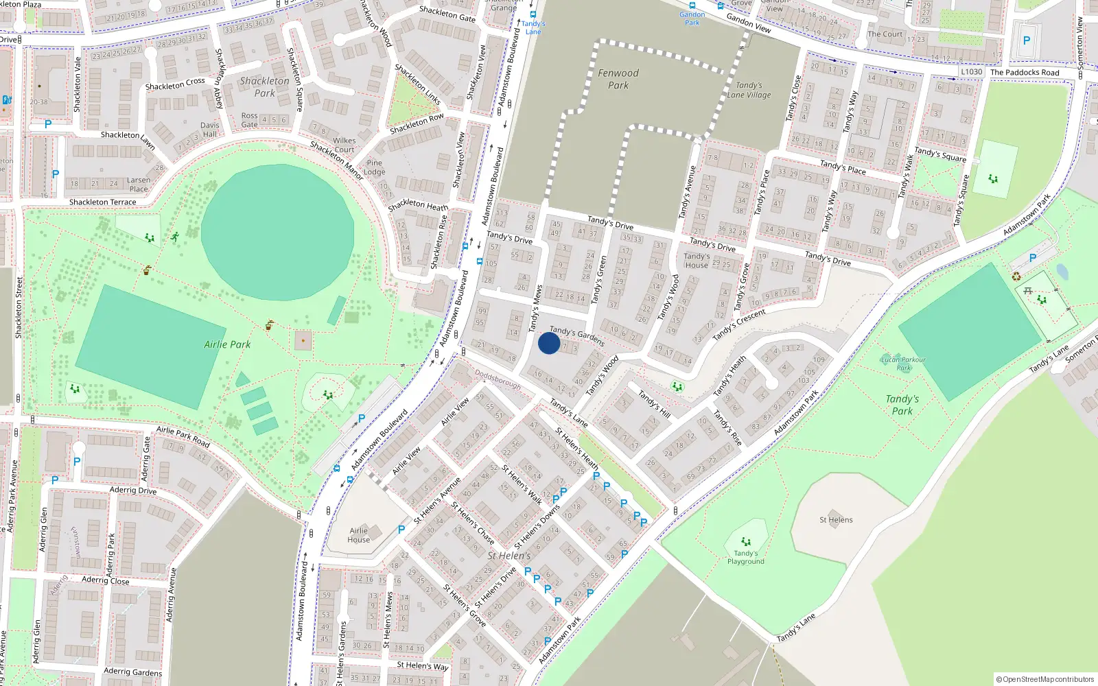 Overhead map showing the location of 13 Tandy's Gardens, Adamstown, Lucan
