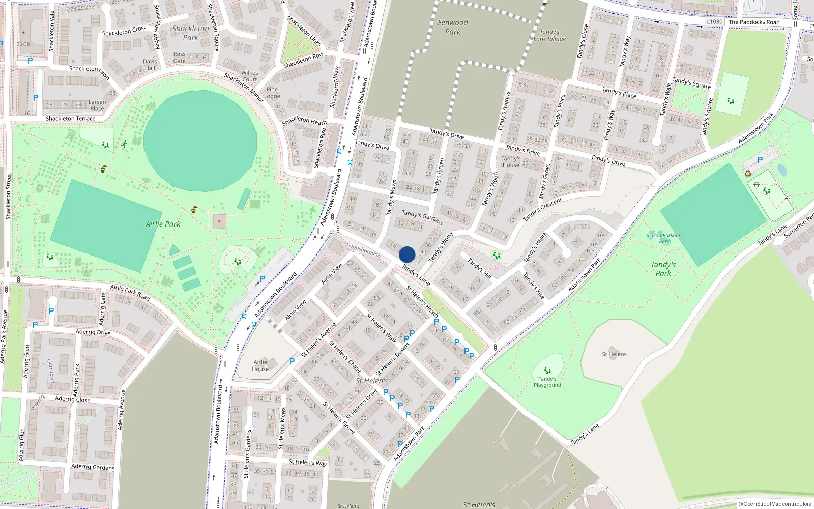 Overhead map showing the location of 13 Tandy's Lane, Adamstown, Lucan