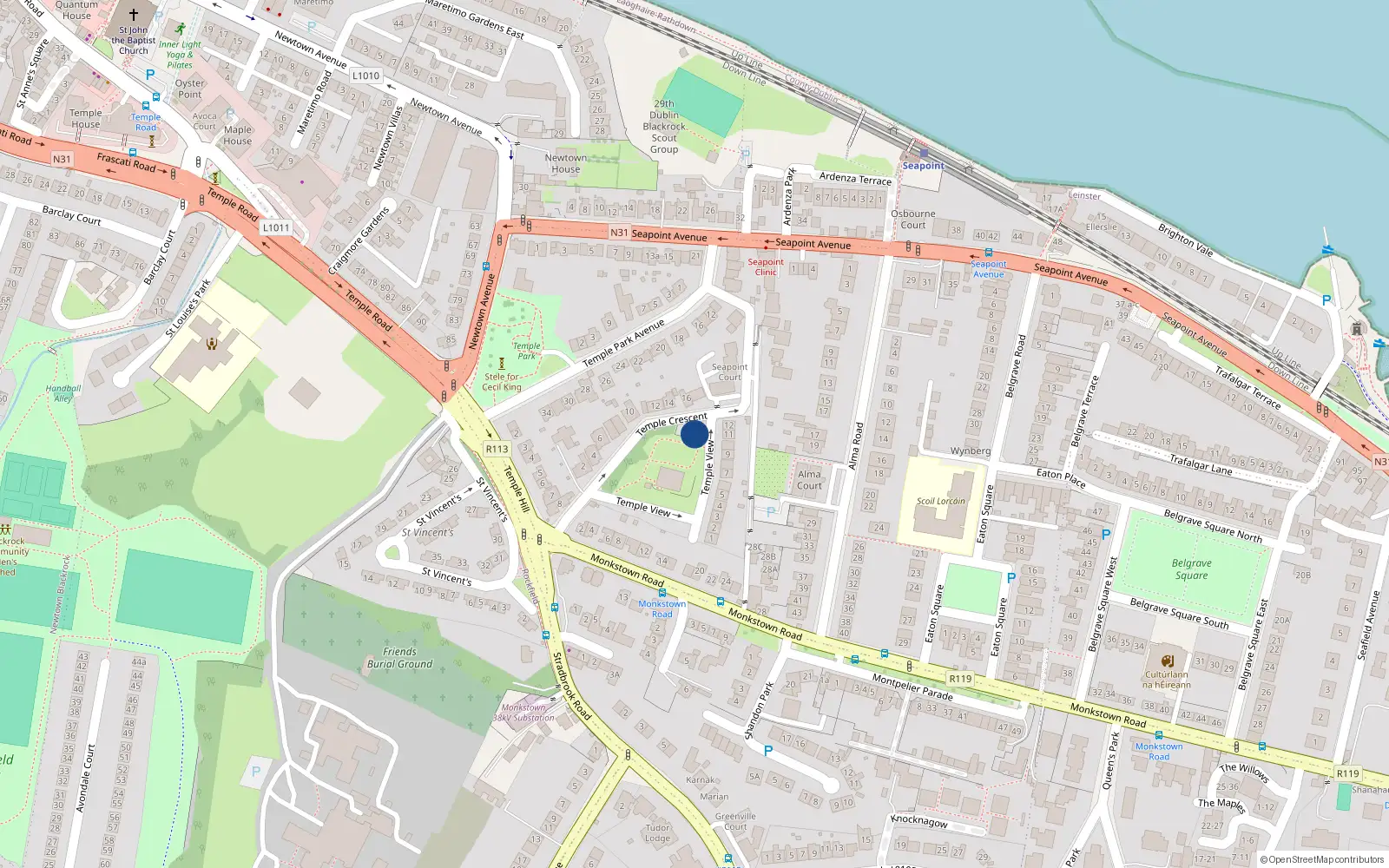 Overhead map showing the location of 13 Temple View, Dublin