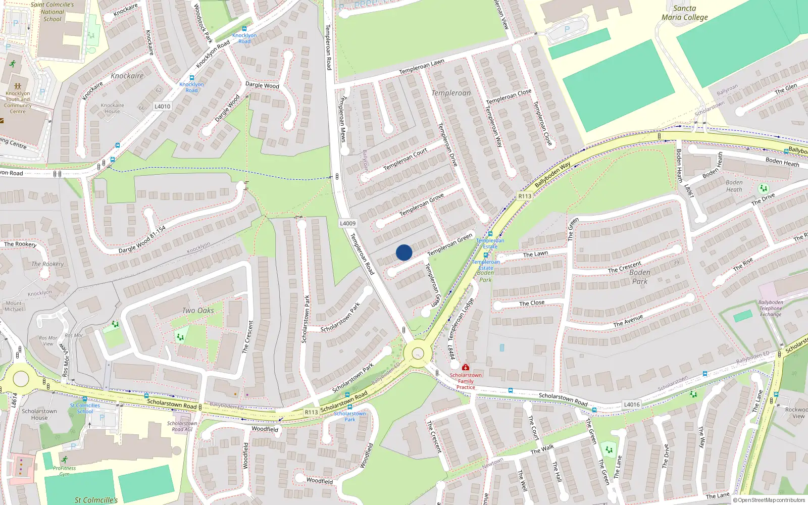 Overhead map showing the location of 13 Templeroan Green, Rathfarnham