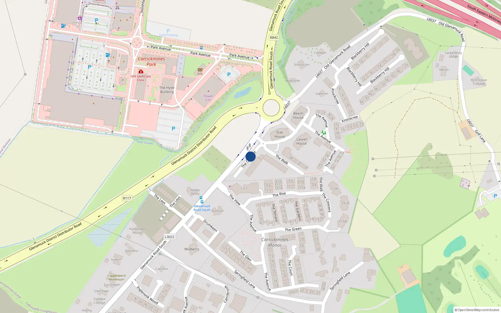 Overhead map showing the location of 13 The Crescent Carrickmines Green, Carrickmines