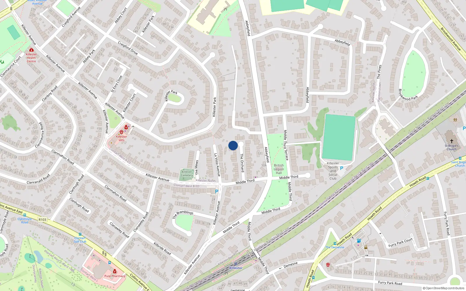 Overhead map showing the location of 13 The Orchard, Dublin 5