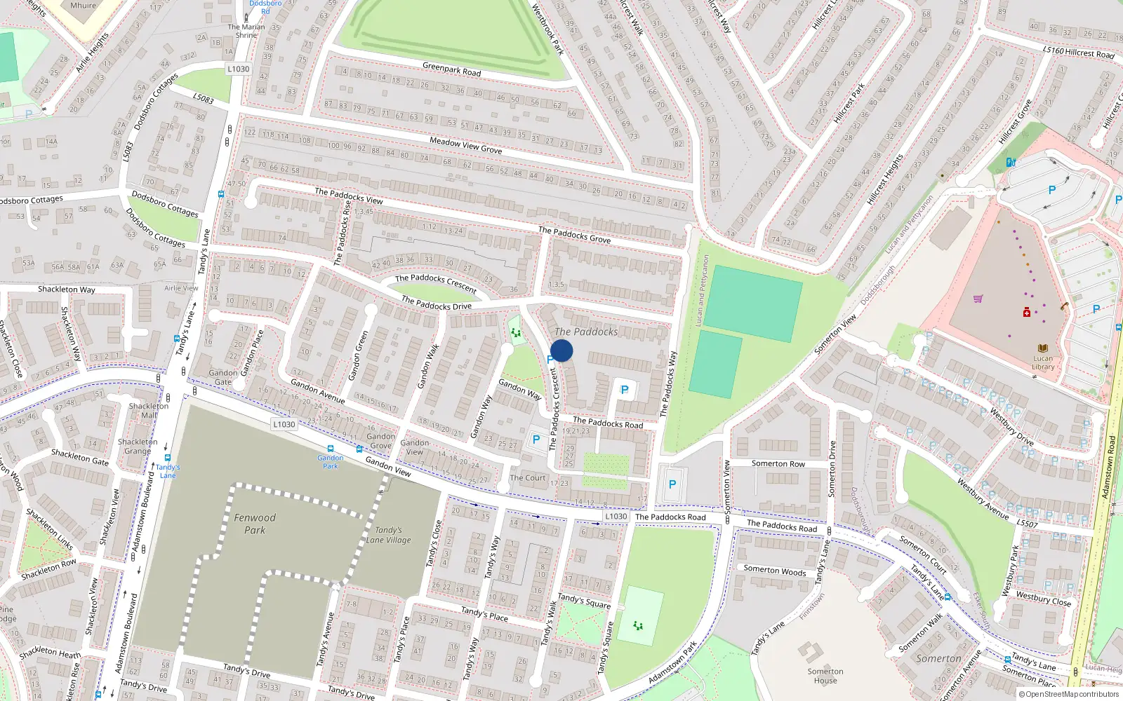 Overhead map showing the location of 13 the Paddocks Crescent, Adamstown, Dublin
