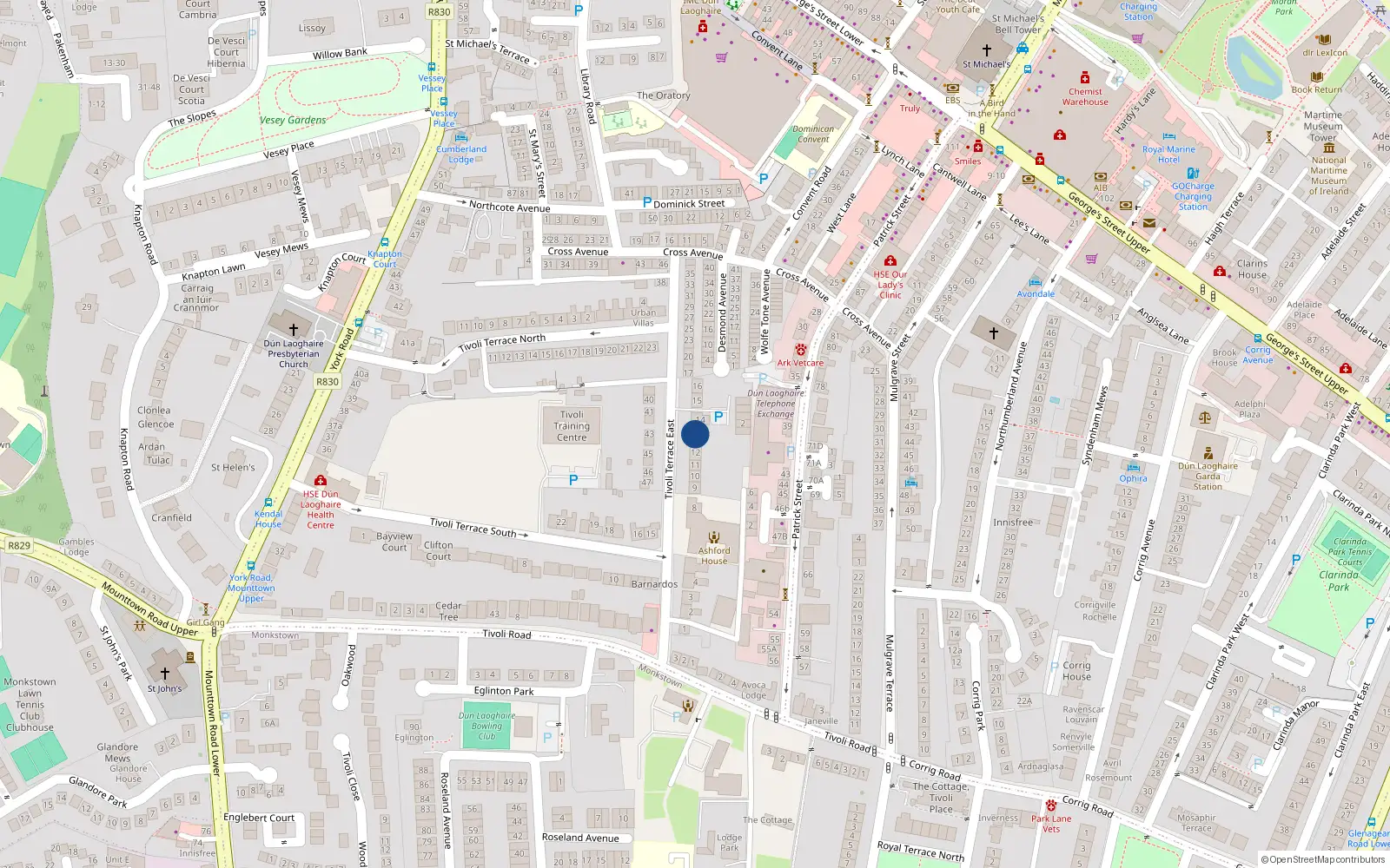 Overhead map showing the location of 13 Tivoli Terrace East, Dun Laoghaire, Dublin