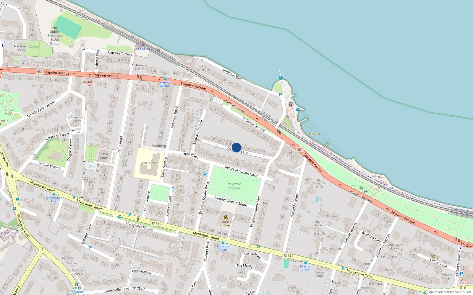 Overhead map showing the location of 13 Trafalgar Lane, Monkstown, Co Dublin