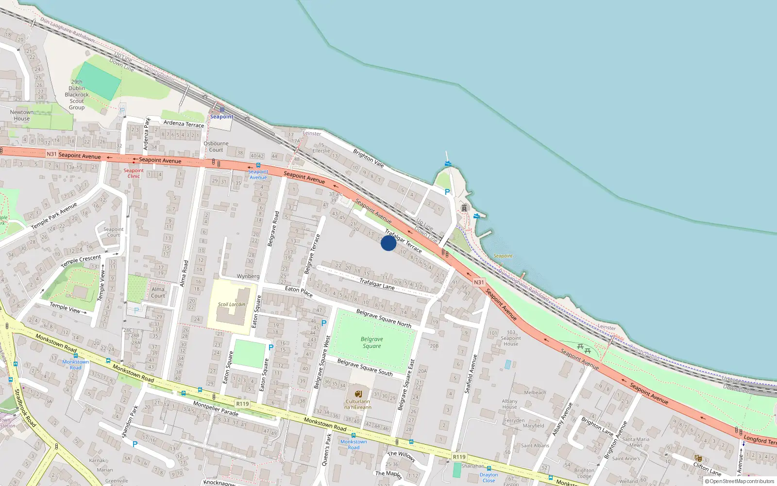 Overhead map showing the location of 13 Trafalgar Terrace, Monkstown, Dublin