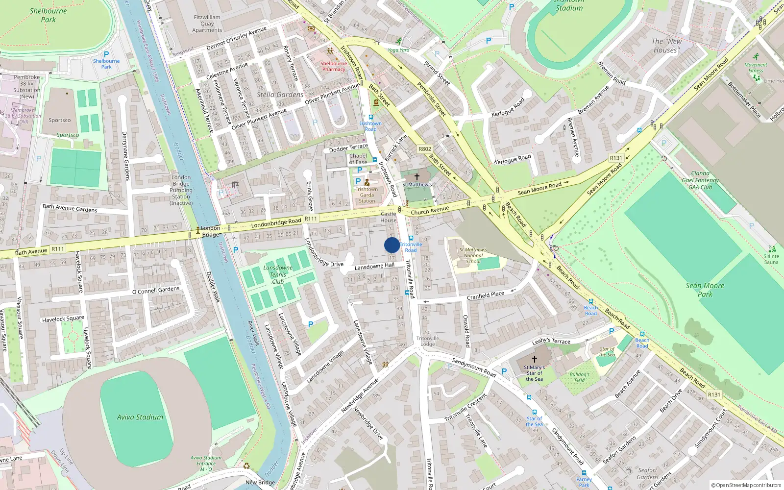 Overhead map showing the location of 13 Tritonville Road, Irishtown
