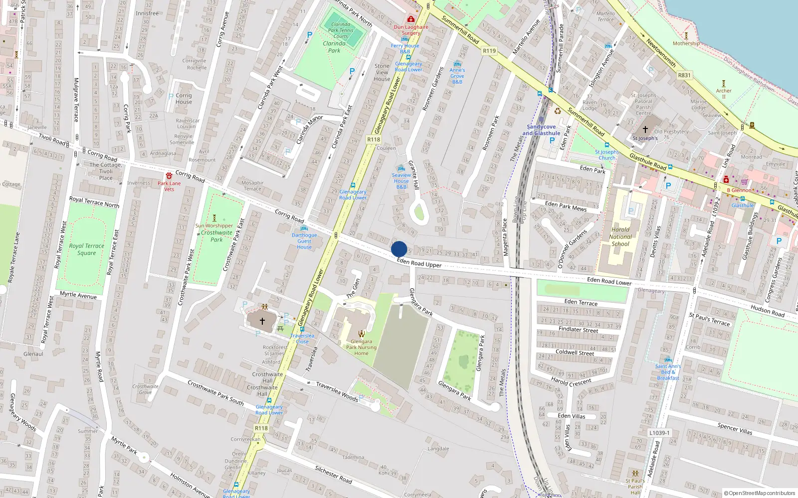 Overhead map showing the location of 13 Upper Eden Road, Dunlaoghaire, Dublin