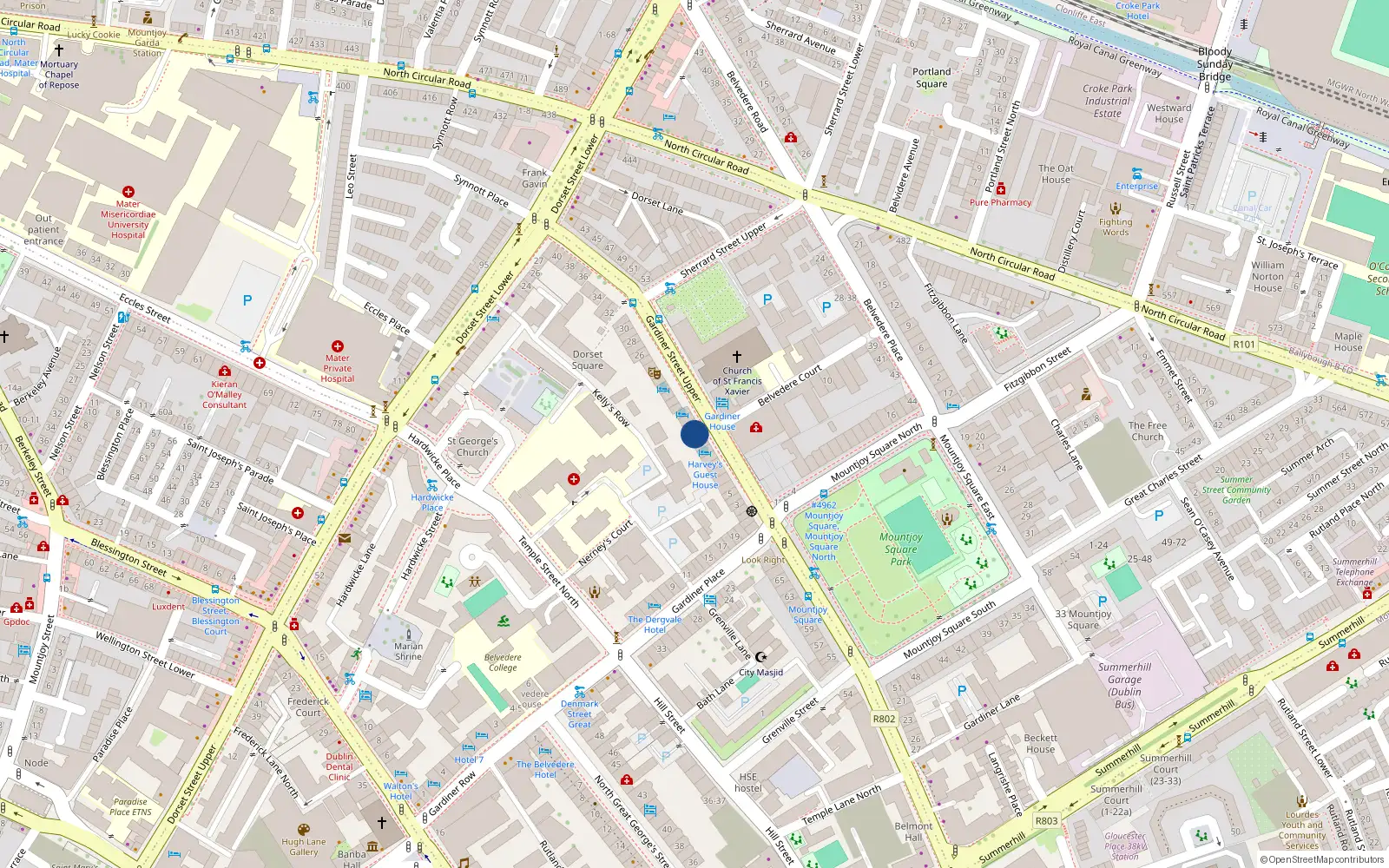 Overhead map showing the location of 13 Upper Gardiner St, Dublin 1, Dublin