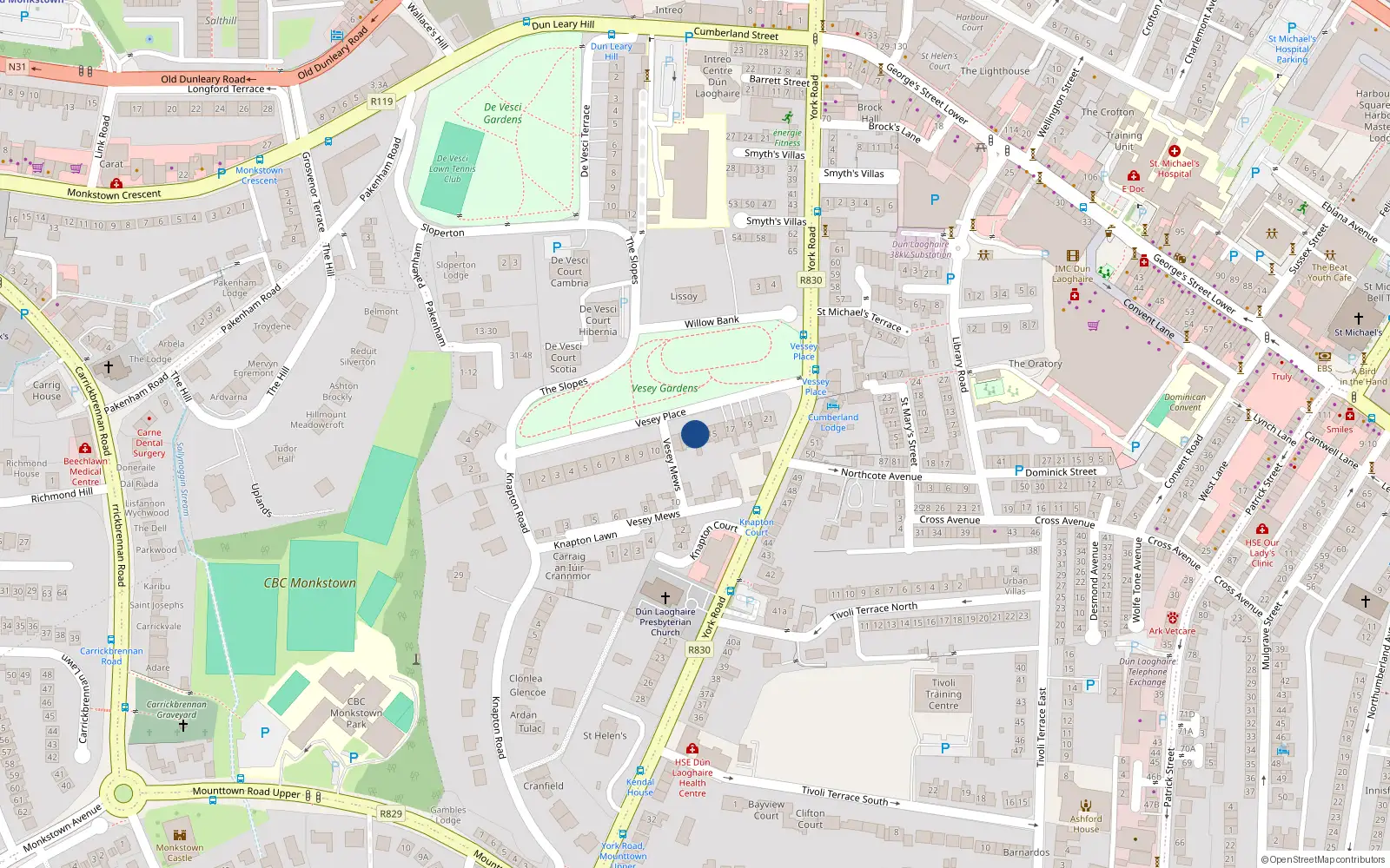 Overhead map showing the location of 13 Vesey Place, County Dublin