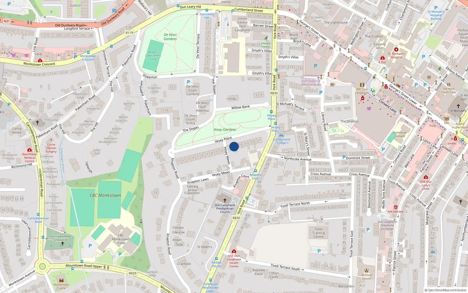 Overhead map showing the location of 13 Vesey Place, Dun Laoghaire, Dublin