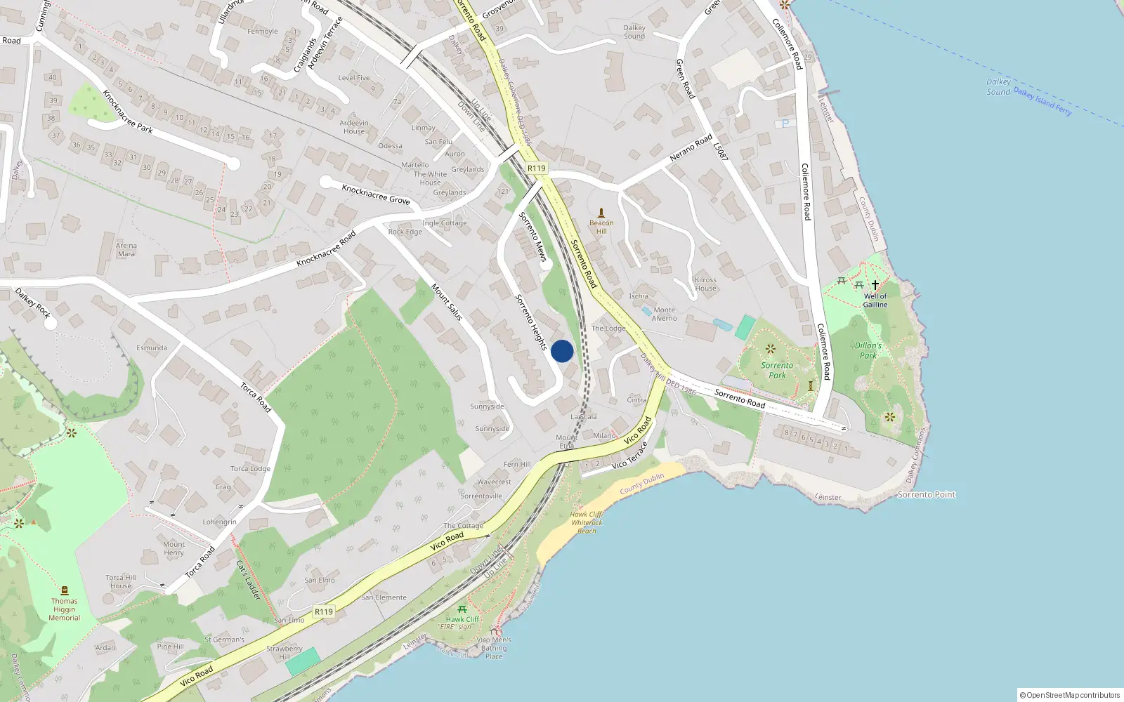 Overhead map showing the location of 13 Vico Rock, Sorrento Road, Dalkey