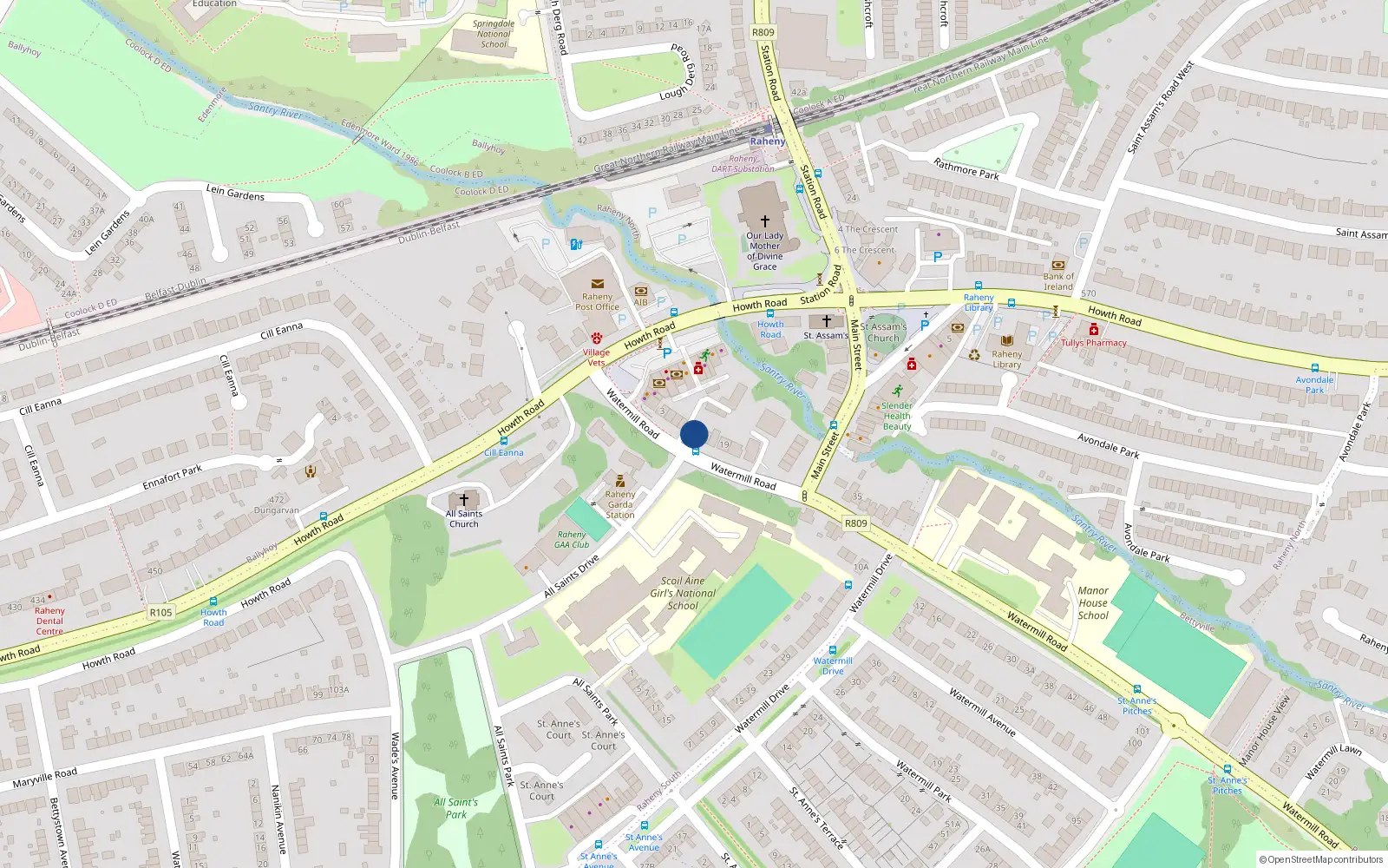 Overhead map showing the location of 13 Watermill Road, Raheny, Dublin 5