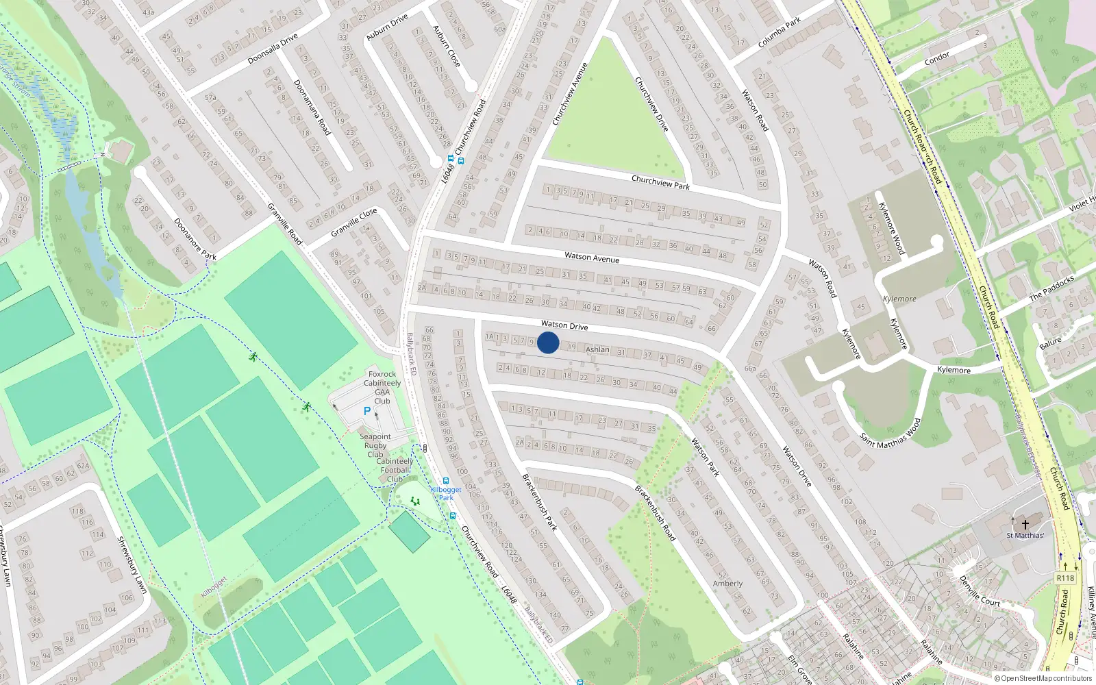 Overhead map showing the location of 13 Watson Drive, Killiney