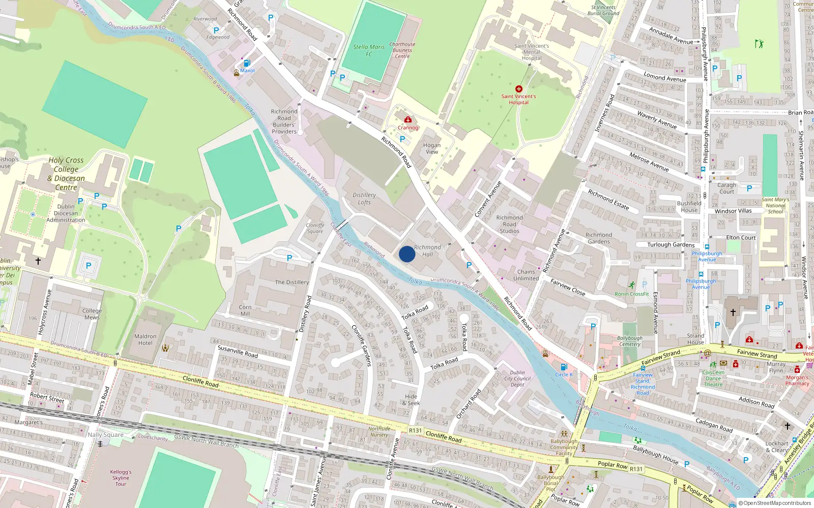 Overhead map showing the location of 13 Weir House, Richmond Road, Dublin 3