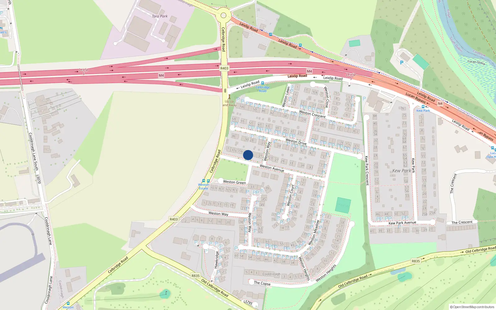 Overhead map showing the location of 13 Weston Avenue, Weston Park, Lucan