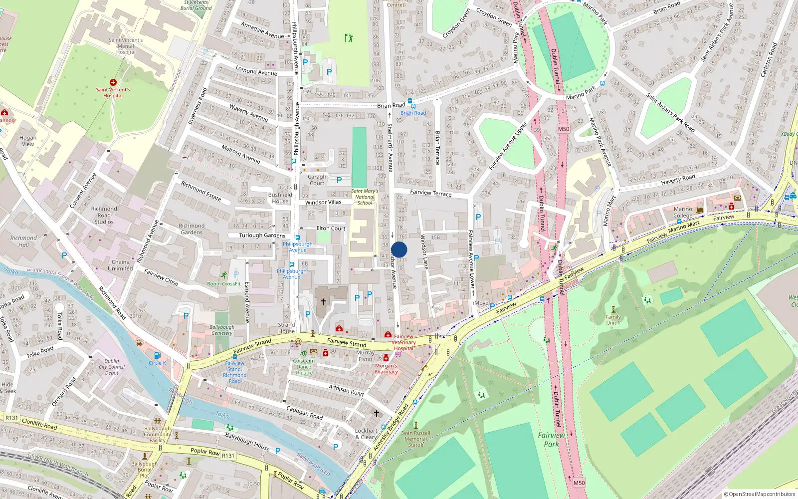 Overhead map showing the location of 13 Windsor Avenue, Fairview, Dublin 3