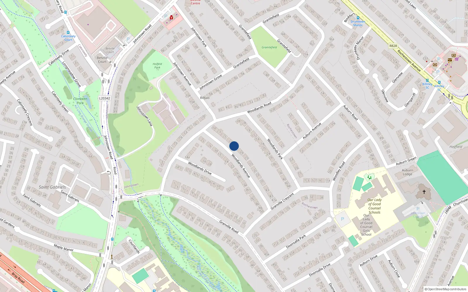 Overhead map showing the location of 13 Woodlands Avenue, Dublin