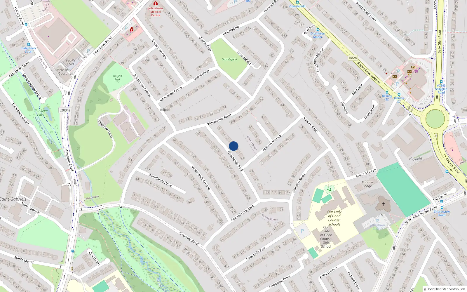 Overhead map showing the location of 13 Woodlands Park, Johnstown, Dun Laoghaire
