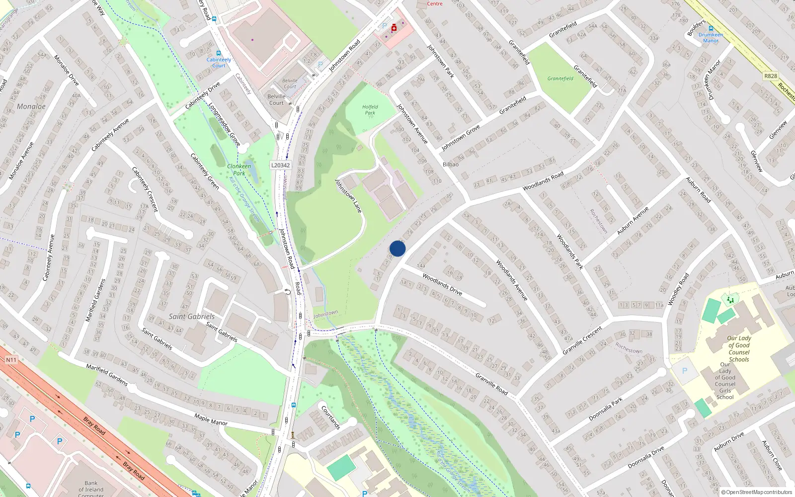 Overhead map showing the location of 13 Woodlands Road, Dun Laoghaire, Dublin