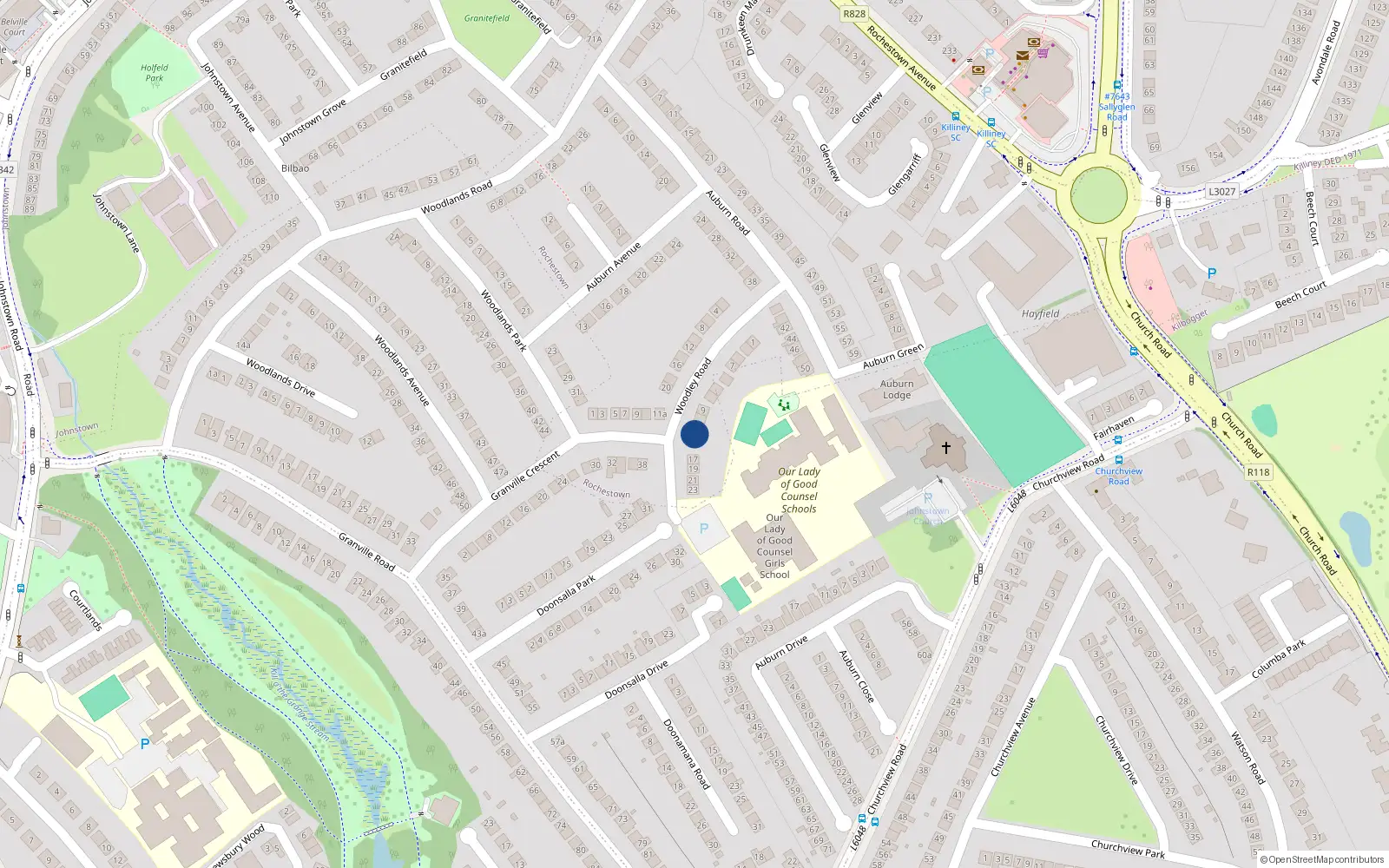Overhead map showing the location of 13 Woodley Road, Rochestown Avenue, Dun Laoghaire