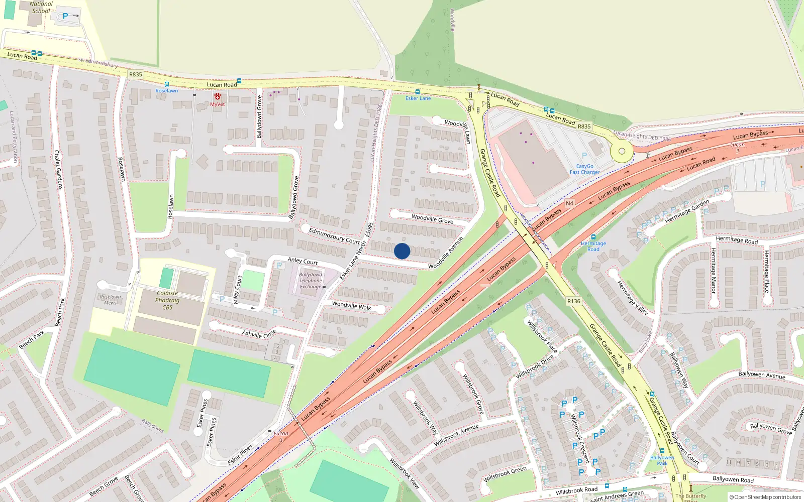 Overhead map showing the location of 13 Woodville Avenue, Lucan, Dublin