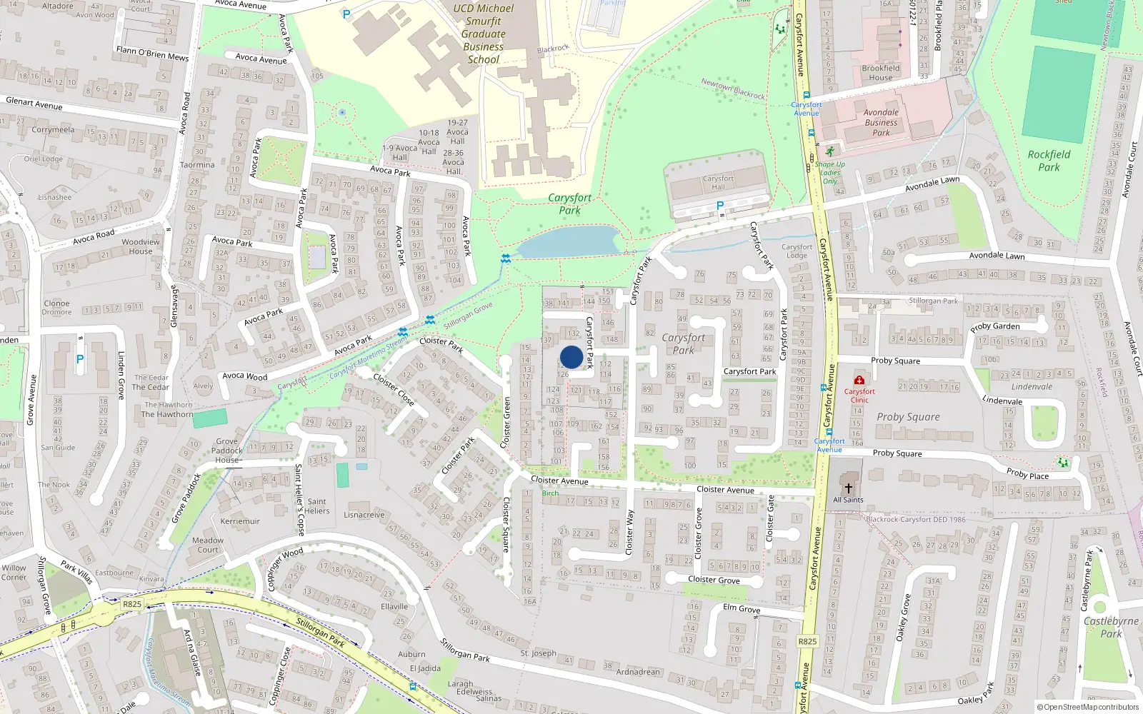 Overhead map showing the location of 130 Carysfort Park, Blackrock, Dublin
