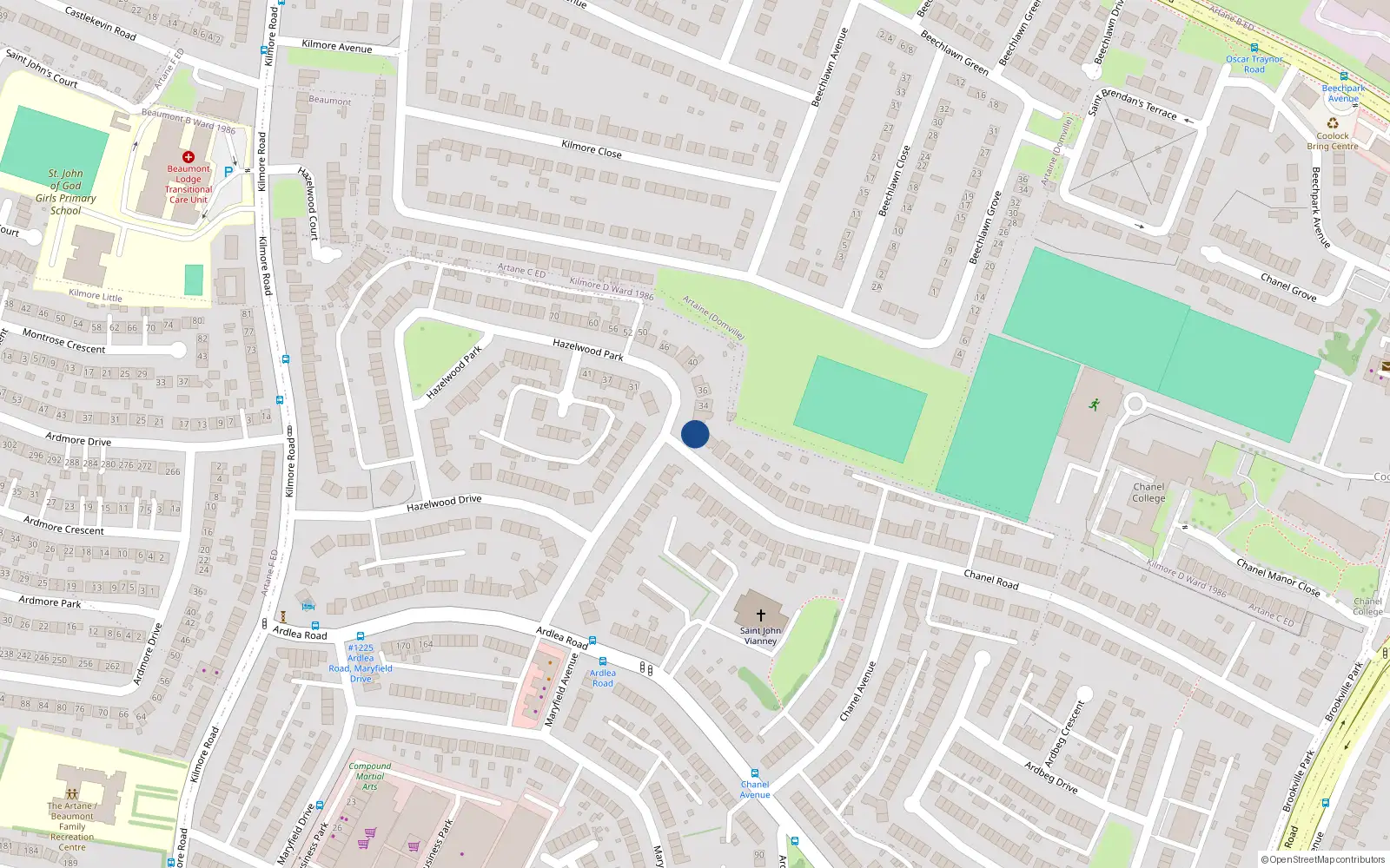 Overhead map showing the location of 130 Chanel Road, Artane, Dublin 5