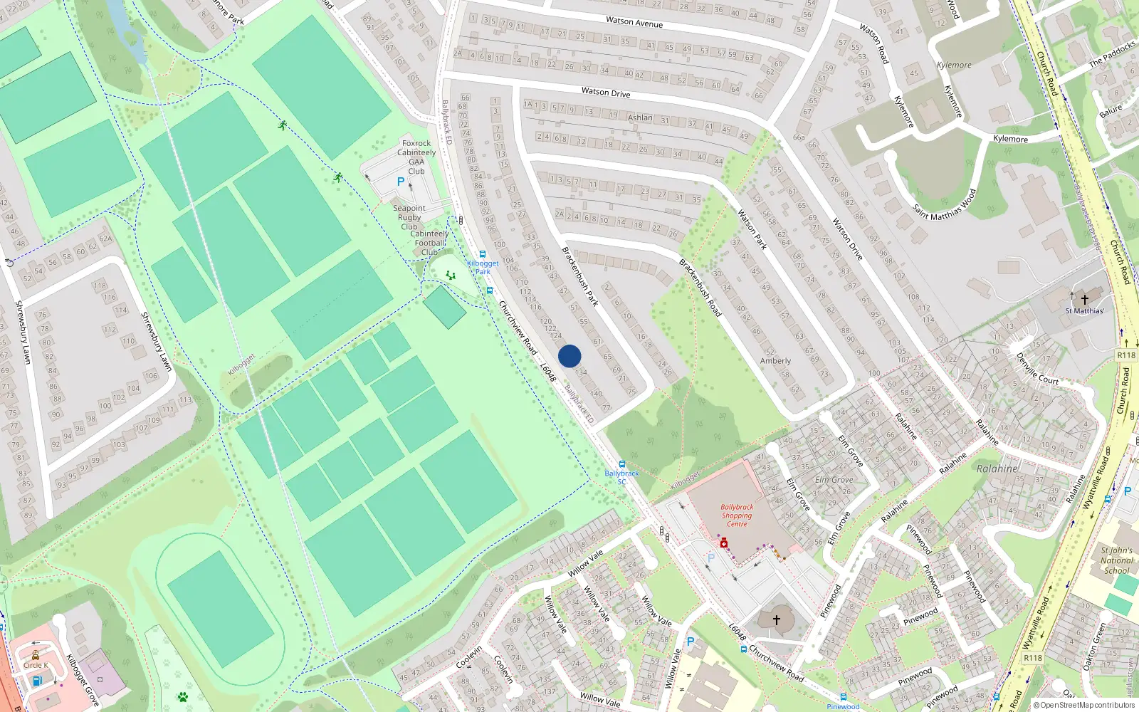 Overhead map showing the location of 130 Churchview Road, Dublin