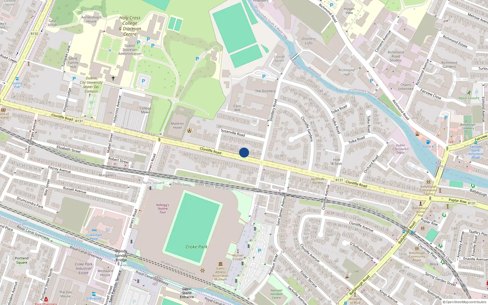 Overhead map showing the location of 130 Clonliffe Road, Drumcondra, Dublin 3