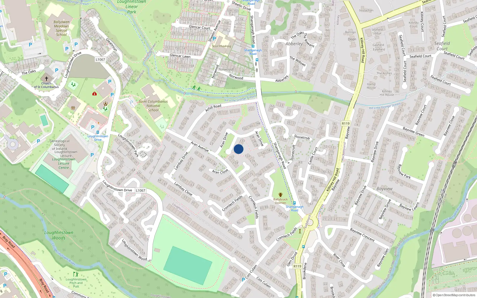 Overhead map showing the location of 130 Cromlech Fields, Ballybrack, Glenageary