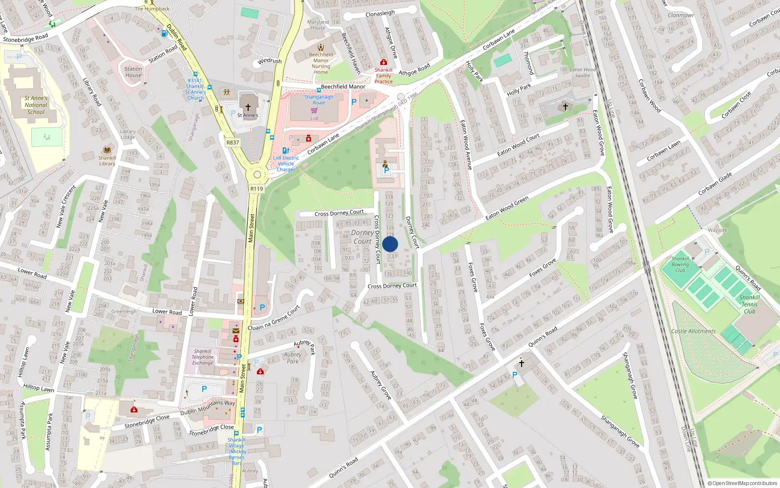 Overhead map showing the location of 130 Dorney Court, Shankill