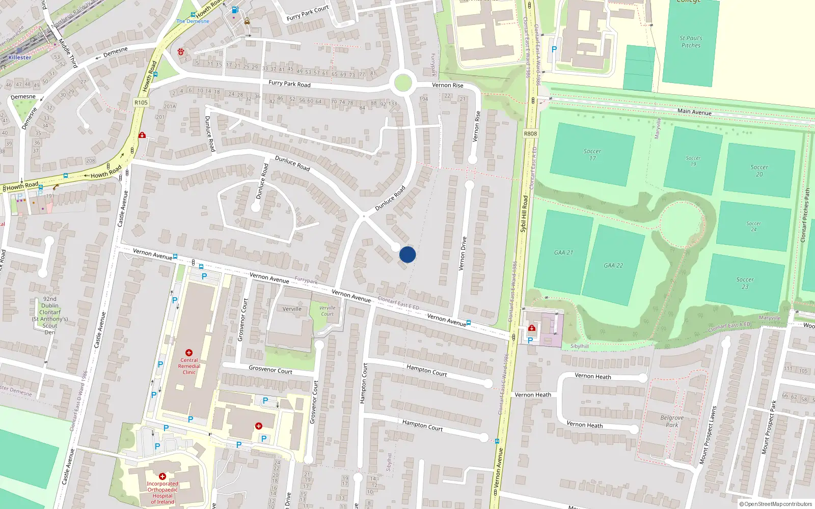 Overhead map showing the location of 130 Dunluce Road, Dublin 3