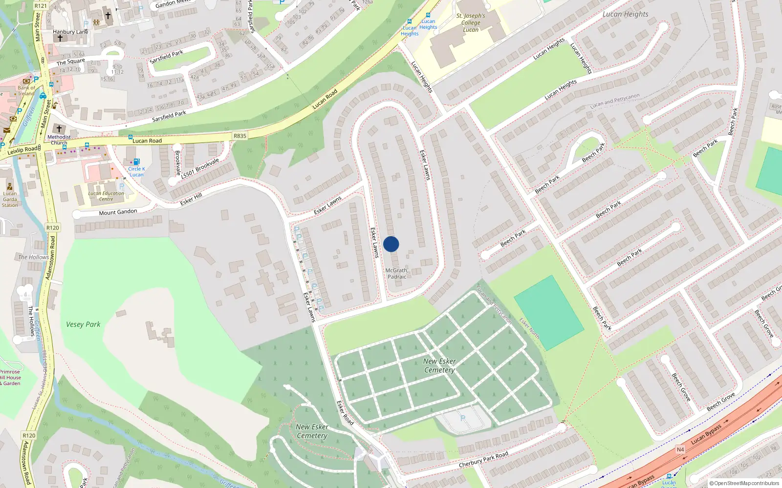 Overhead map showing the location of 130 Esker Lawns, Lucan